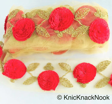 Beige Net Lace Trim With Blue / Beige / Red Thread Flowers and Gold Leaves Embroidery, Approx. 95mm wide